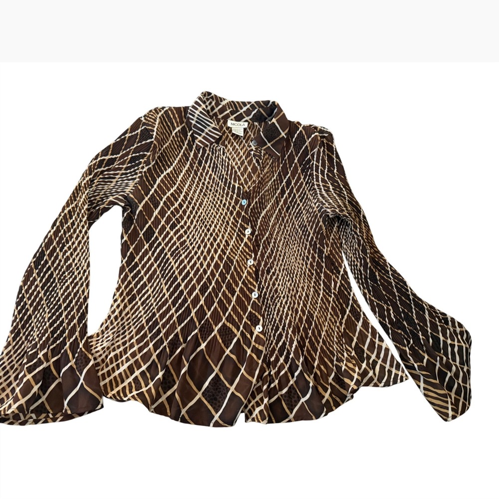 Nicola Brown Geometric Pleated Button Down‎ Blouse Bell Sleeve Large RN 57096